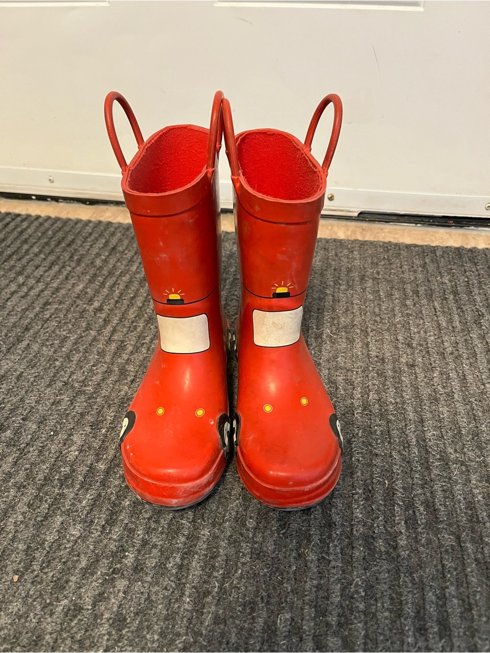Kids size 12 Red Rain rubber Boots. Handle. fire truck firefighter
